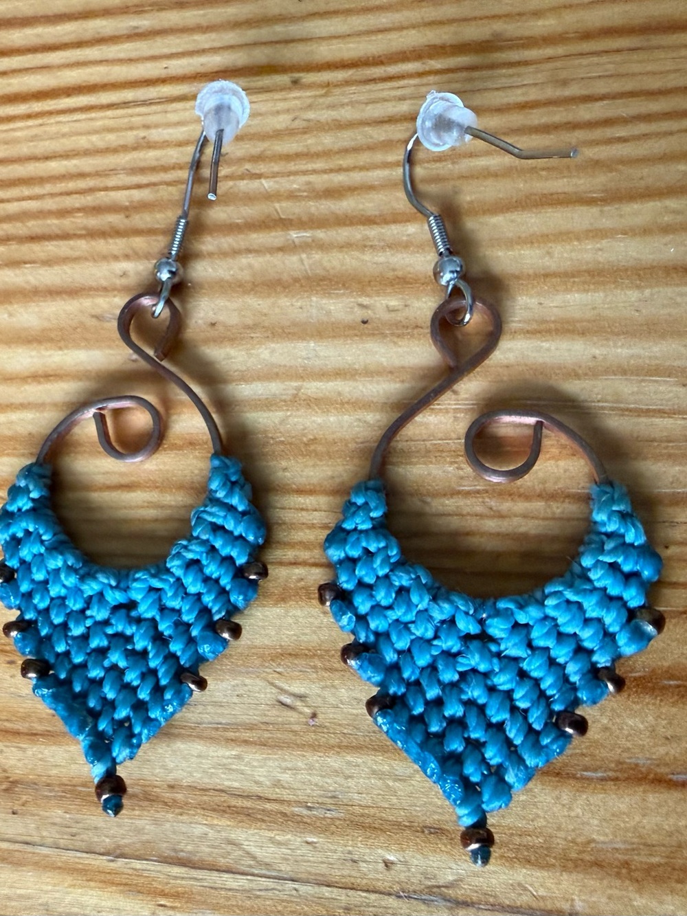 Handmade Macramé and beaded Turquoise Threaded Chevron and copper Drop Earrings - Picture 2 of 4